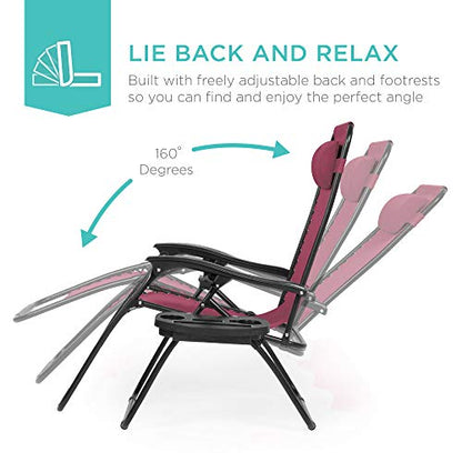 Best Choice Products Set of 2 Adjustable Steel Mesh Zero Gravity Lounge Chair Recliners w/Pillows and Cup Holder Trays - Burgundy - color: Burgundy, size: Standard