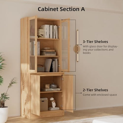TUSY Tall Bookcase with Glass Doors and Drawers,71'' Wooden Bookshelf with Storage,Display Cabinet for Living Room, Home Office,Set of 2 (A+B)