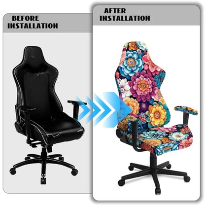 Suobstales Boho Mandala Flower Pattern Gaming Chair Covers Waterproof Cat Scratch Proof Stretch Game Chair Cover with Armrest Anti-Scratch Protection for Ergonomic Gaming Rotating Desk Chair - color: Boho Mandala Flower