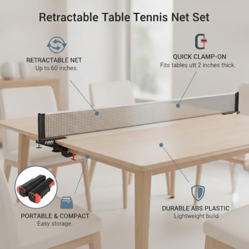 Retractable Table Tennis Net and Post Set, Clamp-On Ping Pong Net for Flat Surfaces, Portable ABS Plastic Game Accessory - color: Black