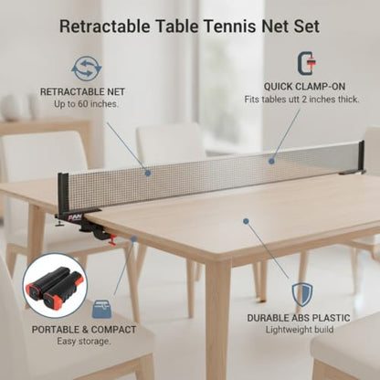 Retractable Table Tennis Net and Post Set, Clamp-On Ping Pong Net for Flat Surfaces, Portable ABS Plastic Game Accessory - color: Black