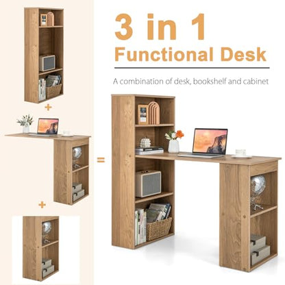 MEDIMALL Bookshelf Cabinet 3 in 1 Functional Table, Compact Workstation with Storage Shelf and CPU Holder Computer Desk Bookcase, Natural