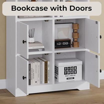 IRONCK Bookshelf with Doors, Book Shelf with Storage Shelves, 74.6 in Tall Bookcase for Home Office, Living Room, Bedroom, White - color: White