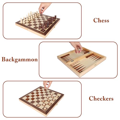 Offelec 3-in-1 Folding Chess Board Set, Wooden Chess Checkers and Backgammon Game Set for Adults Kids & Family, Portable Travel Board with Game Pieces Storage | Classic Strategy Board Games - color: 3-in-1 Folding Board Set