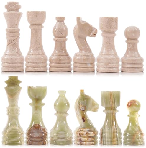 Marble Chess Pieces 3.5 Inch King Handmade Verona and Green Onyx 32 Chess Figures for Board Games, Suitable for Travel Games - color: Verona and Green Onyx