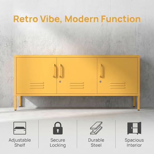 3 Door Lockable Metal TV Stand Storage Cabinet with Accent Cabinet Locker, Wide Heavy Duty Media Console for Large 100+ Inch TVs, Home Office Entertainment Center, Yellow 22"H X 47.3"W X 13.8"D - color: Mustard, style: TV stand-22"H-LM