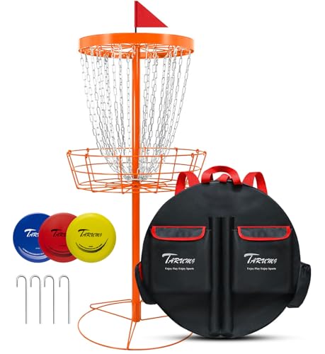 TARUMG Disc Golf Basket - Portable Disc Golf Target with Heavy Duty 24-Chains Come with Transit Bag and 3pcs Disc Golf Discs, Ground Stake -Suitable for Players of All Levels - Multi Color Available - style: Plus Orange