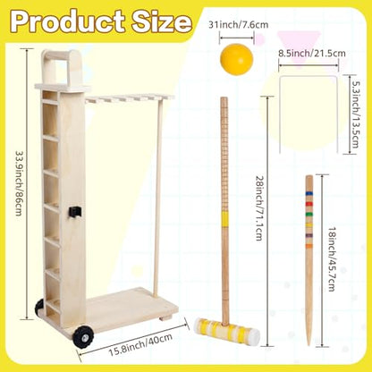 6 Player Croquet Set for Adults with Wooden Stand - 28 Inch Professional Outdoor Lawn Game Includes 6 Rubberwood Mallets & Balls, Steel Wickets - Backyard, Garden, Park Games