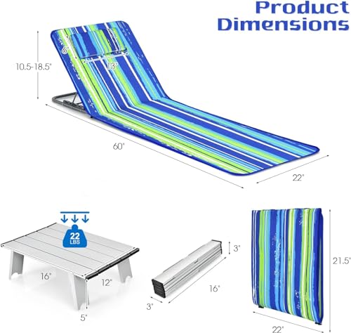 Goplus Beach Chairs with Side Table, 2 Pack Folding Lounge Chairs for Adults, with 5 Adjustable Position, Backpack Lightweight Reclining Lounge Chair for Lawn Camping Picnic Sunbath Pool (Blue Stripe) - color: Blue Stripe