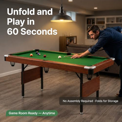 63.8 Inch Foldable Pool Table, No Assembly, Steel Folding Legs, 4-Point Leveling Feet, Complete Set — 16 Balls, Triangle, Chalk, Felt Brush - color: Green Felt+Wood Color Frame