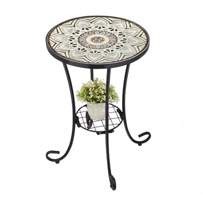 VCUTEKA Outdoor Side Table Mosaic Patio Table Accent Tables Mosaic Tile Top Metal Frame Small End Tables Porch Beach Patio Garden Balcony Brown 14'' - color: Brown