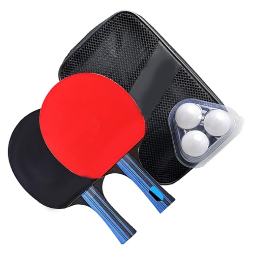 Double-Sided Rubber Table Tennis Paddles Set with Solid Blade and Ergonomic Handles Includes Short Handle Rackets Balls and Storage Bag for Beginner Indoor Outdoor Play