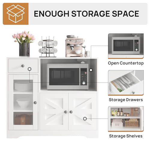 Storage Cabinet with Power Outlet, 35" Modern Sideboard Buffet Cabinet w/Adjustable Shelf, Wooden Kitchen Cabinet with Open Shelves for Living Room, Dining Room, Kitchen, White - color: White, style: Microwave Cabinet