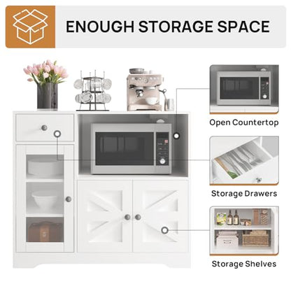 Storage Cabinet with Power Outlet, 35" Modern Sideboard Buffet Cabinet w/Adjustable Shelf, Wooden Kitchen Cabinet with Open Shelves for Living Room, Dining Room, Kitchen, White - color: White, style: Microwave Cabinet