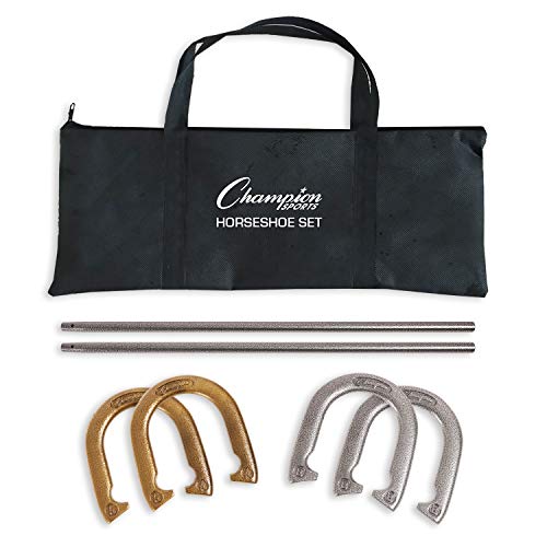 Champion Sports Horseshoe Set: Traditional Outdoor Lawn Game includes Four Professional Solid Steel Horseshoes with Solid Steel Stakes & Carrying Storage Case - style: Deluxe Set
