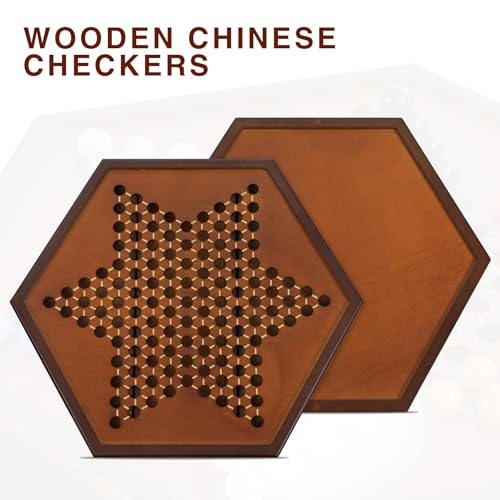 Chinese Checkers 15" x 13" Large Wooden Checkers Board Game Includes 16mm 60+12 Colorful Glass Marbles,Classic Strategy Family Board Game for Adult,Walnut