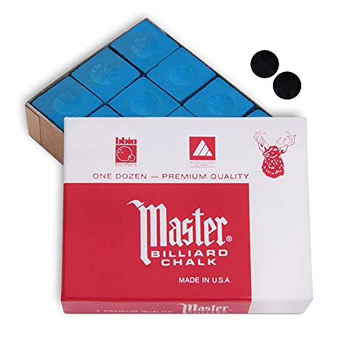 Master Billiard Pool Cue Chalk Premium Quality - 1 Dozen - Made in The USA + 2 pcs of Quality Billiard Pool Table Spots by Tweeten Fibre Co. - color: Sky Blue
