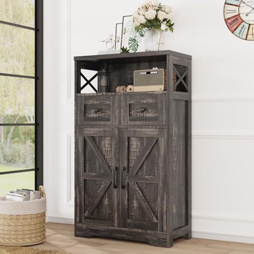 Befrases Farmhouse Storage Cabinet with Drawers and Shelf, Freestanding Kitchen Pantry Storage Cabinet, Floor Hutch Cupboard for Kitchen, Living Room, Home Office, Dark Rustic Oak - color: Dark Rustic Oak, size: 1 Pack