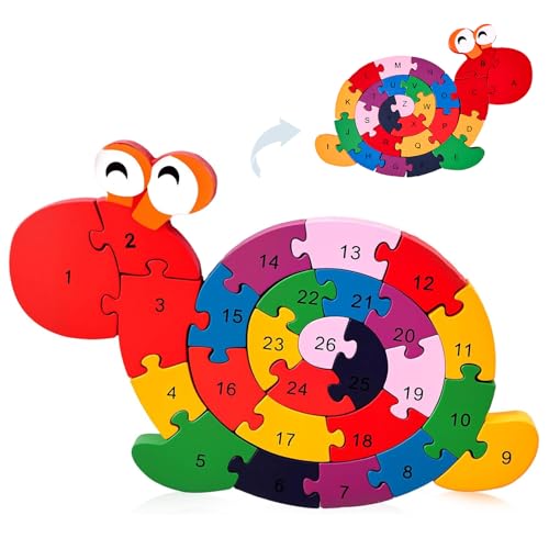 LovesTown Wooden Puzzles for Kids, Double Sided Snail Jigsaw with Alphabet & Numbers, Montessori Educational Toy for Toddlers, Chunky Animal Gift - size: Medium, style: Snail