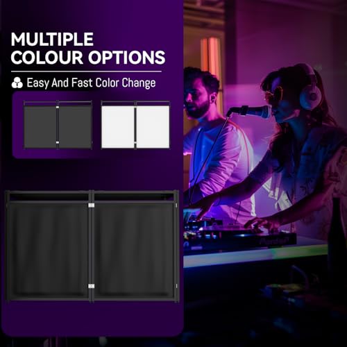 Portable DJ Booth Table,56''x28" Foldable DJ Table Stand Portable with White & Black Scrim,Adjustable D J Facade Tabl e Station Metal Frame D J Tabl e with Cable Hole for Private Events, Clubs, Bars - size: 56 x 28