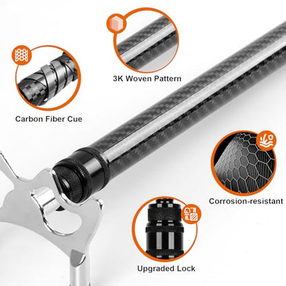 Carbon Fiber Lightweight Pool Bridge Stick, Removable Metal Heads | Made of 100% carbon fiber, sturdy & solid, easy to assemble, stretches from 17"to 55.5", compact storage bag for portability