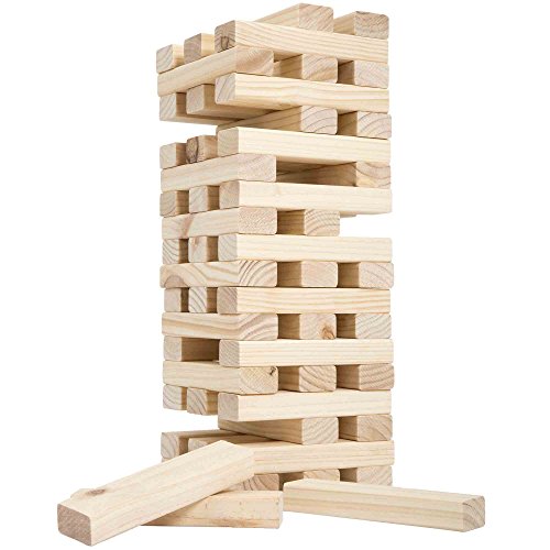 HEY! PLAY! Tower Stacking Board Games with 54 Giant Wooden Blocks - Nontraditional Yard Games for Kids and Adults with Carry Case - Ages 6 and Older - color: Brown