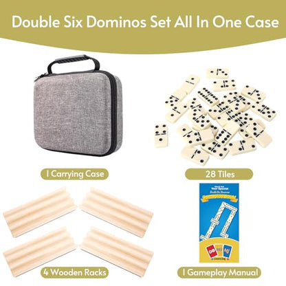 Doreimi Double 6 Dominos Set for Adults with 4 Wooden Racks & 28 Tiles Travel Dominoes Set Classic Board Game for Family Game Night - style: Double 6 Dot