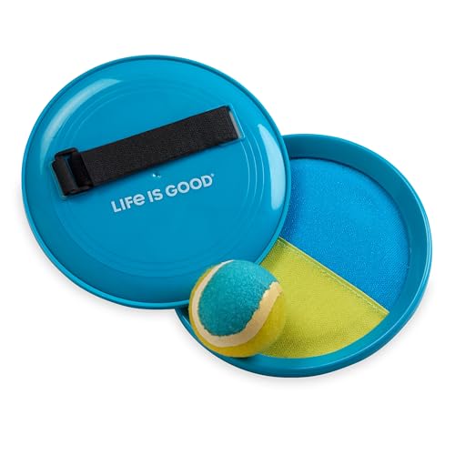 Life is Good Toss and Catch Velcro Ball Set (Sky Blue/Yellow), Family Outdoor Games with 2 Velcro Paddles, 2 Balls & 1 Carry Bag, No-Setup 2-Player Paddle Game for Beach, Backyard, Park & Travel Fun