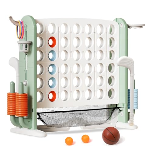 Ancaixin Giant 4 in-A-Row Connect Game Set, Adjustable Height Jumbo Yard Game with Basketball Hoop, Golf, Mesh Pocket & Ring Toss, Indoor Outdoor Family Backyard Party Game for Kids and Adults, White - color: White