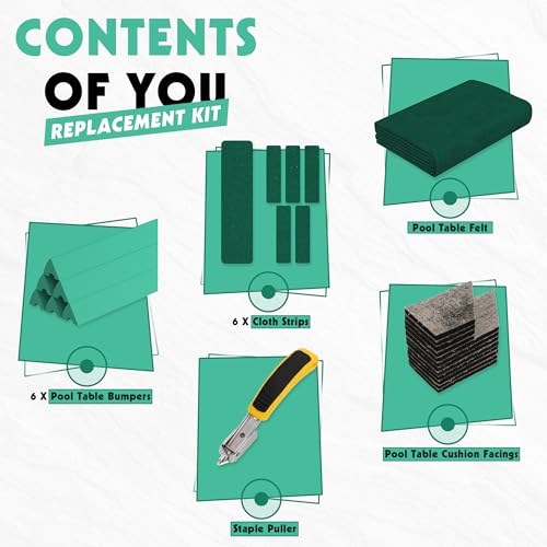 Pool Table Felt and Bumper Kit Felt for Billiard Cloth with Pool Table Bumpers and Cushions Facing, 6 Pcs Cloth Strips and Staple Remover - color: Drak Green, size: 8FT + 42'' Bumpers