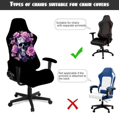 Elastic Gaming Chair Covers Slipcovers 4Pcs with Armrest Cover Skull Rose Butterfly Print Gamer Desk Chair Covers Universal Fit for Desk/Swivel/Rotating Chairs Protector - color: Black and Pink - Skull Rose Butterfly