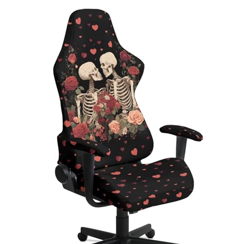 Skeleton Rose Print Game Chair Covers Slipcover Scratch Proof Anti-Dust Gaming Chair Cover with Armrest Covers for Computer Office Seats - color: Black and Multi - Skeleton Rose