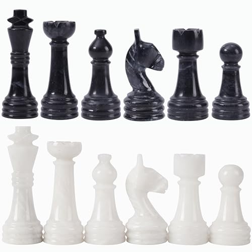 Radicaln Marble Chess Figures 3.5'' Inches Black and White Handmade Figures for Board Games - Marble Chess Set & Checker Board Game for Adults | Natural Stone, Hand Polished, Premium Finish, 32 playing Pieces, Unique Veining, Timeless Design - color: Blac