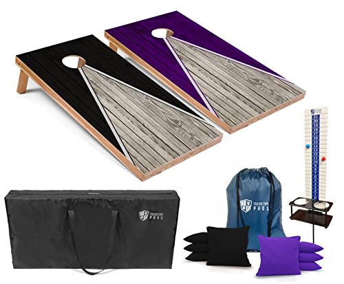 Tailgating Pros Pyramid Cornhole Board Set: Score Keeper, Bean Bags, and Carrying Case- 4'x2' Regulation Corn Hole Toss Game - color: Black/Purple