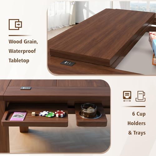 Haddockway Solid Wood Board Game Table with Colorful Led Lights, Dining/Gaming Table for 4-6 Players with Charge Station,Removable Top, Play Mat, 6 Cup Holders & Trays (Warm Walnut) - color: Solid Wood Blackwalnut With Led Light