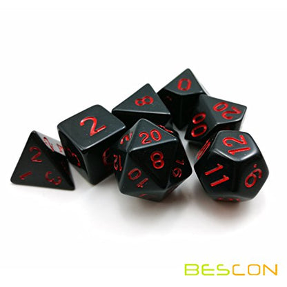 Bescon Polyhedral Dice Set Opaque Black with Red Numbers, Black RPG Dice Set of 7 d4 d6 d8 d10 d12 d20 d% Brick Box Pack - color: Opaque Black W/Red Numbers