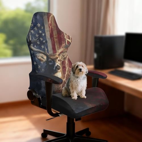 Suobstales Deer Lightning American Flag Pattern Gaming Chair Cover Washable Gaming Chair Slipcovers with Armrest Covers, Stretchable Universal Fit Ergonomic Office Desk & Racing Computer Gamer Chairs - color: Deer Lightning American Flag