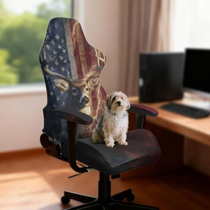 Suobstales Deer Lightning American Flag Pattern Gaming Chair Cover Washable Gaming Chair Slipcovers with Armrest Covers, Stretchable Universal Fit Ergonomic Office Desk & Racing Computer Gamer Chairs - color: Deer Lightning American Flag