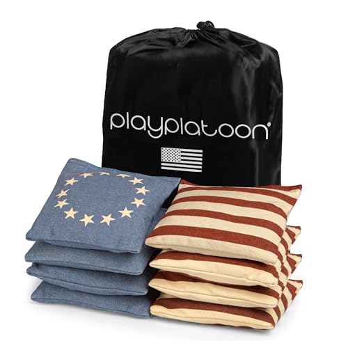 Play Platoon Cornhole Bags Weather Resistant- Set of 8 Regulation Bean Bags for Tossing- Official Professional Size & Weight Corn Hole Bags Two Color All Weather Cornhole Beans Bag Set with Tote Bag - color: Betsy Ross Vintage Flag