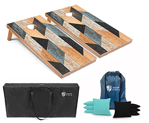 Tailgating Pros Cornhole Boards - 4'x2' Wood Pattern Cornhole Game w/Built-in Multicolored LEDs, Carrying Case, & Set of 8 Corn Hole Bean Bags w/Tote - color: 4'x2' Distressed Wooden