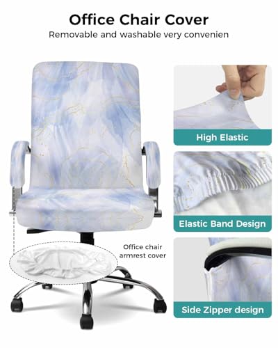 Blue Gradient Marble Office Chair Cover with Armrest Covers, Golden Lines Universal Stretch Desk Rotating Chair Slipcovers, Modern Abstract Removable Seat Protector with Zipper, S - color: Blue, size: Small & 2PCS Armrest Covers