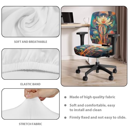 Lotus Flower Desk Chair Cover Stretchable 4-Piece Set Include Office Chair Arm Pads Elastic Washable Dustproof Seat Cover for Office Chairs with Backrest Pad for Home Use - color: Lotus Flower