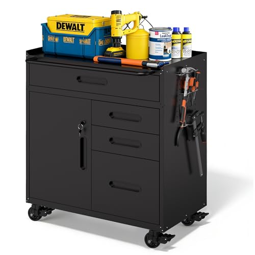 Metal Garage Storage Cabinet with Wheels, Rolling Tool Cabinet with 4 Drawers and 1 Door, Heavy Duty Tool Cabinet with Workbench, Assembly Required, Black - color: Black, style: 4 Drawers of Different Sizes & 1 Door