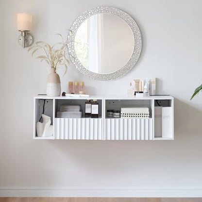 BuildHom Modern Matte White Fluted Floating Nightstand with Charging Station, NightStand with Drawers, Bedside with USB Ports and Outlets, Bedroom Furniture (Set of 2) - color: Matte White, size: Set of 2