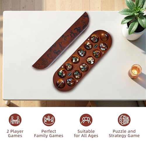 Offelec Wooden Mancala Board Game Set, Large 15.8 Inch Folding Board with 100 Multi Color Stones, 2-Player Classic Family Strategy Game for Kids & Adults, Portable Travel Mancala with Instructions - color: Upgraded Large Mancala Board