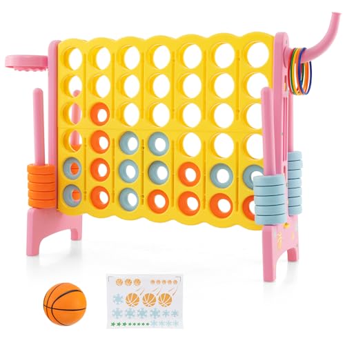 Costzon Giant 4-in-A-Row, Jumbo 4-to-Score Giant Game w/Basketball Hoop, Ring Toss, Quick-Release Slider, 42 Jumbo Rings, Indoor Outdoor Family Connect Game for Kids & Adults, Backyard Games - color: Yellow/Pink