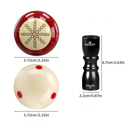 Billiard Training Cue Balls & 3-in-1 Cue Tip Tool Combo, 2-1/4" Regulation Red Dot & Dual-Sided Pool Balls, Billiard Accessories Kit for 8-Ball Game
