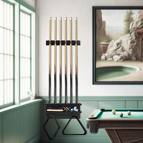 Wall Mount Pool Cue Rack – Solid Pine Wood Billiards Stick Holder for 6 Pool Sticks,Game Room Wall Decor & Pool Table Accessories Organizer