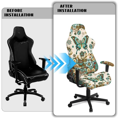 Butterfly Print Gaming Chair Cover with Armrest Covers Boho Mandala Flower Print Computer Chair Seat Slipcovers Universal Fit for Desk/Swivel/Rotating Chairs Protector - color: Brown - Butterfly Boho Mandala Flower