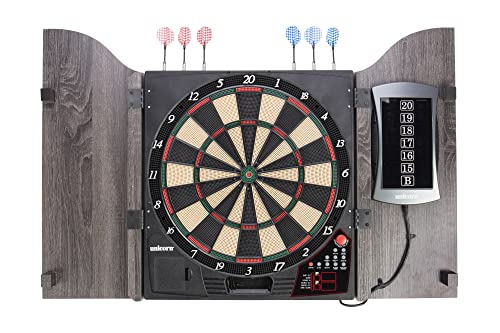 Unicorn Vanquish Dartboard Cabinet Set - Easy-Read Backlit Display - Virtual Opponent Gameplay - 28 Games with 271 Variations - in-Game Sound Effects - Stylish Wooden Cabine